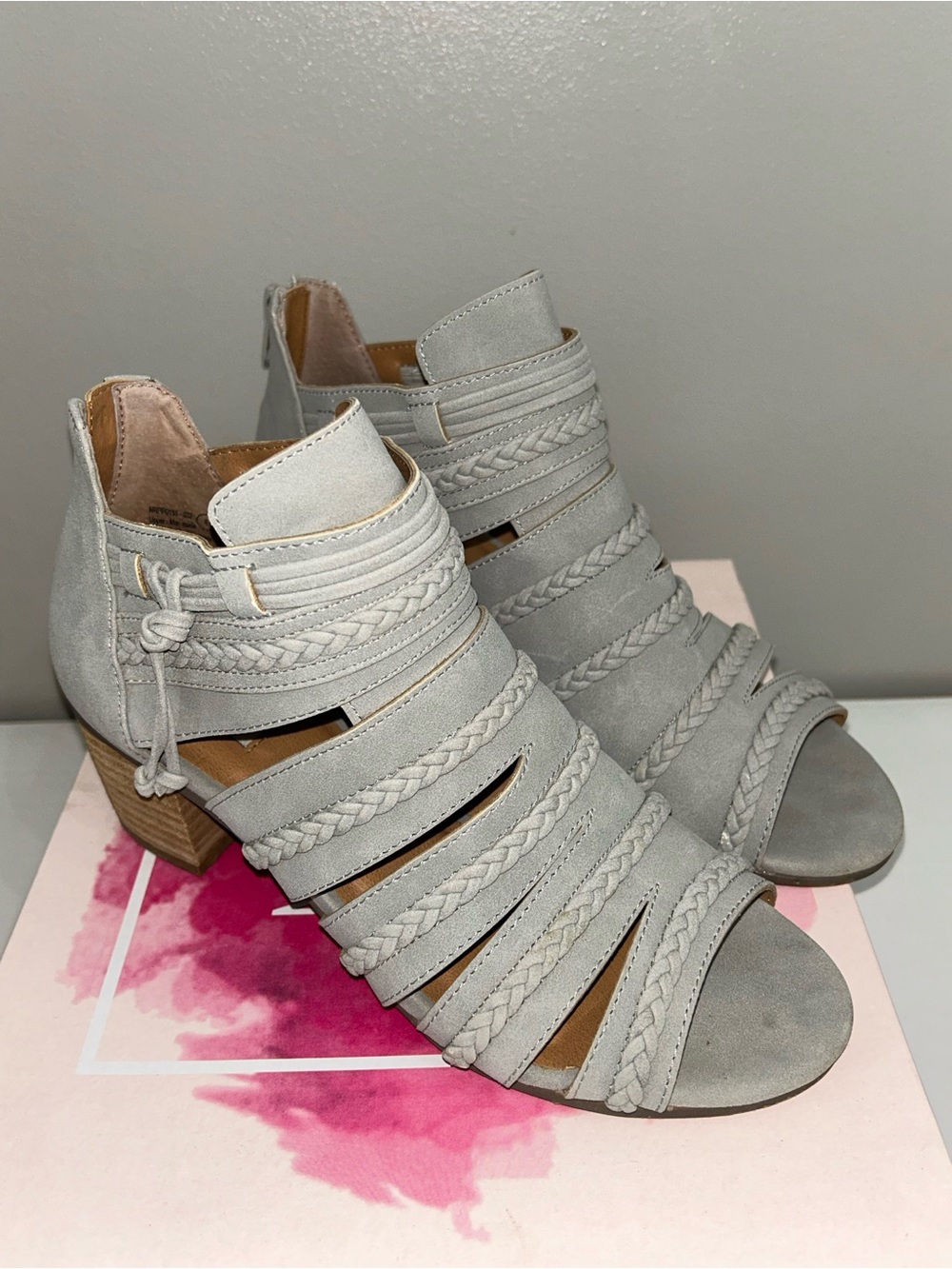 Not Rated Light Grey Braided Strappy Peep-Toe Heeled Booties 8